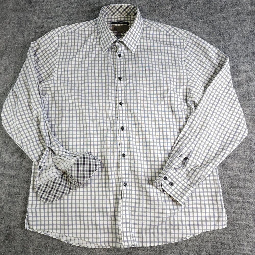 Jhane Barnes Shirt‎ XL Slim Fit Long Sleeve Button Up Flip Cuff White Blue Check